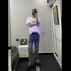 美式重磅牛仔裤染微喇叭长裤显高拖地高街直筒K6078-P58，男装牛仔裤，星座1109-3