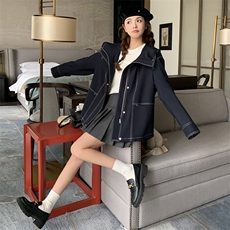 韩版盐系学院风连帽外套女2025春秋季新款宽松显瘦大翻领夹克上衣，女装风衣，2C372