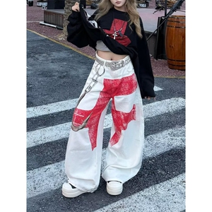 美式大码个性挂钩拼接牛仔休闲裤女辣妹高级感撞色印花NZ9009图片