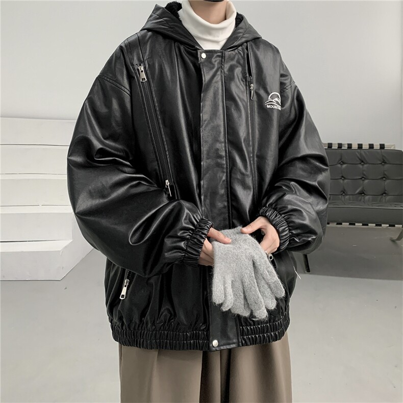 春装冲锋衣连帽皮夹克机车PU皮衣外套P110控158抖音控178加绒+20,男装夹克,电商B370