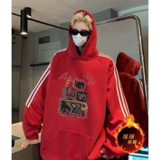抖音得物供货提供视频秋冬重磅美式宽松织带连帽卫衣0487，男装卫衣，电商A486