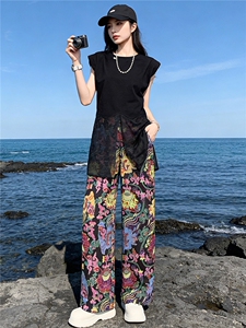 盐系穿搭休闲时尚套装女夏款开叉设计黑色网纱拼接短袖长裤两件套图片