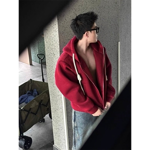 1506-1/WF011/P52美式复古编织绳连帽红色卫衣开衫外套潮牌男女图片