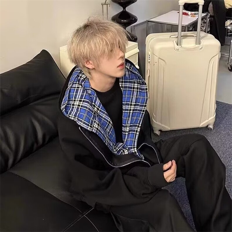 假两件连帽格子开衫卫衣男冬季潮牌设计感美式慵懒风外套1038p55,女装短外套,电商D256-2(原A064-2)