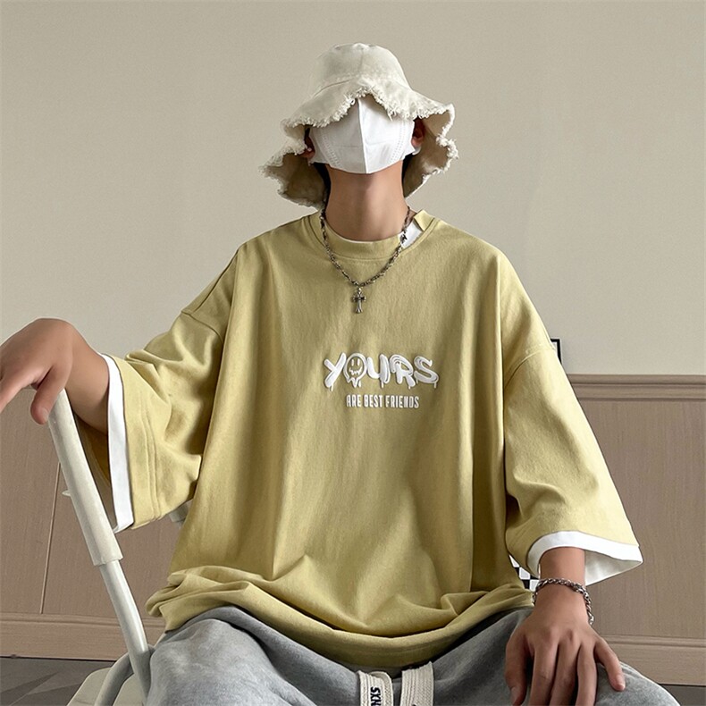 B225-T9358-P40-X55-全棉-撞色-印花重磅假两件印花短袖T恤日系,男装T恤,电商B225