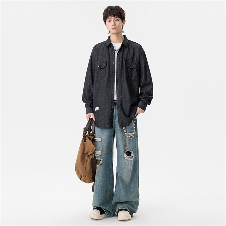 新款(跨境货源）长袖牛仔衬衫男宽松休闲外套,男装衬衫,星座1107-1
