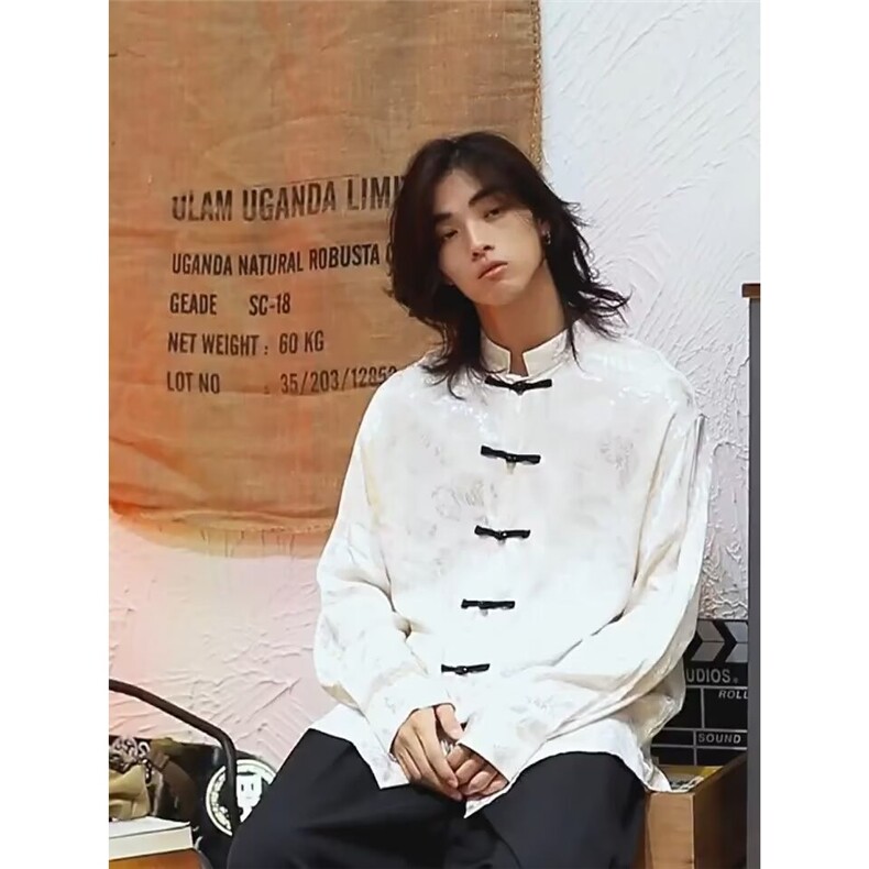 春夏新品小众潮风浮雕提花中式盘扣丝滑防晒男女款立领长袖衬衫,男装防晒衣,星座1210-1
