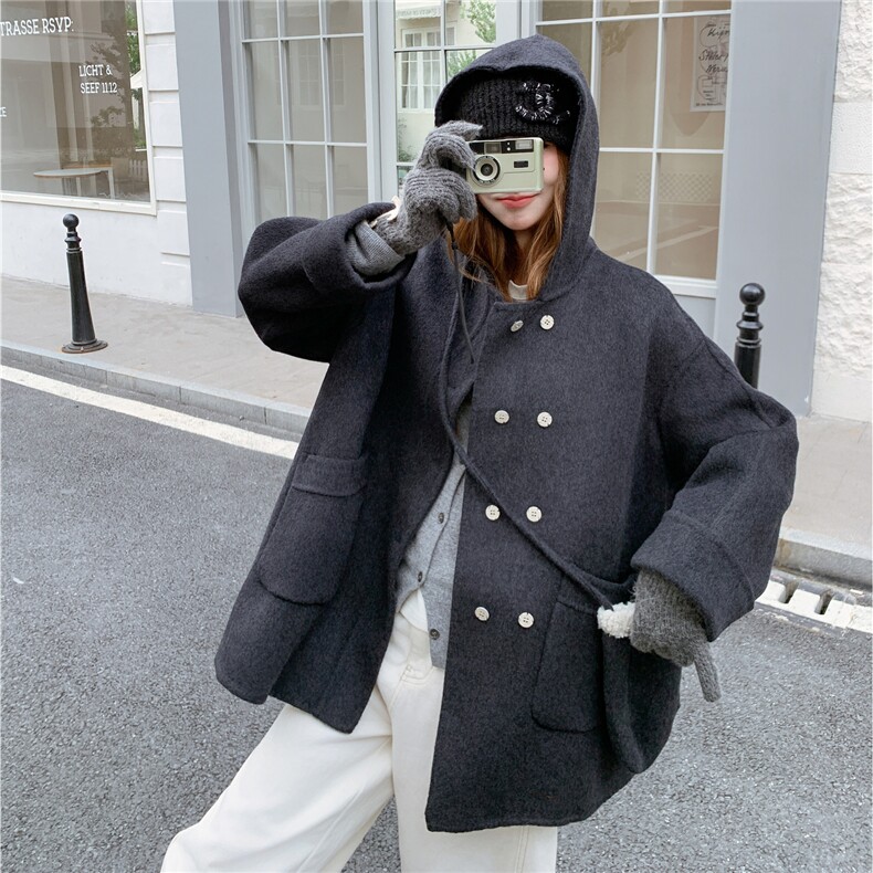 现货韩系学院风连帽双面羊毛大衣外套女2C325-567P275K398送包包,女装毛呢外套,2C325