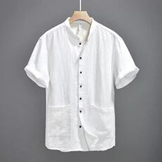 简麻品质男装夏纯色苎麻休闲薄款棉麻立领短袖衬衫短袖LS2001P38，男装T恤，星座1013-1