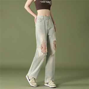 k1019-p50-控78 M-5XL 现货oversize cleanfit风黄泥牛仔裤破洞图片