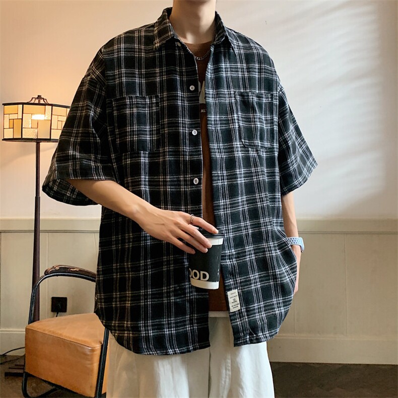 2026夏宽松潮男休闲宽松五分袖衬衫半袖格子衬衣 C700/P35 黑色图片