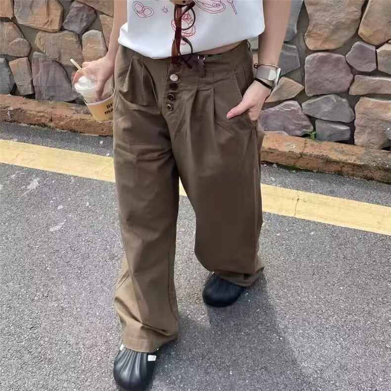 美式高街复古纽扣设计感简约休闲裤男女宽松直筒百搭阔腿长裤,男装休闲裤,星座506A