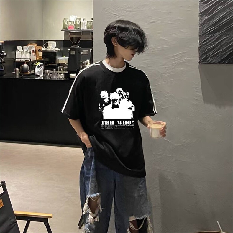 抖音得物高品质二开240克宽松纯棉美式潮牌三条杠织带短袖T恤，男装T恤，电商A486-1