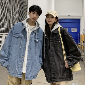 春季得物假两件连帽牛仔夹克男外套帽子可拆卸JK733-P75,秋天男生破洞牛仔裤搭配图片