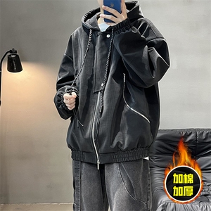 现货高品质美式高街重磅座山雕连帽pu皮棉衣男女加厚毛毛绒冬外套图片