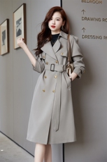 英伦风灰色风衣女2025春秋新款高级感系带收腰妈妈长款高个子外套，女装风衣，时尚俏佳人