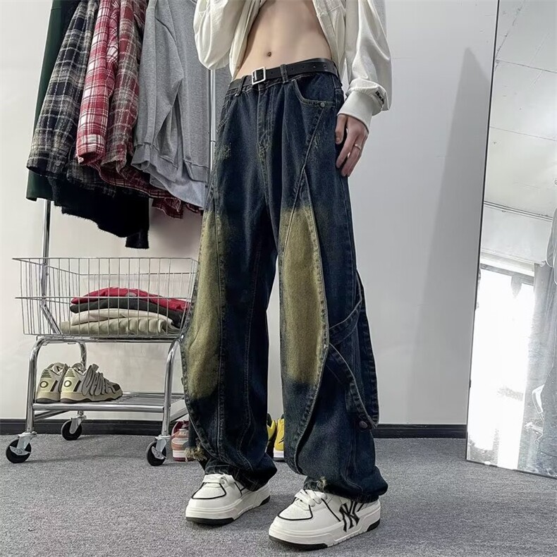 欧美hiphop高街风牛仔裤男潮牌复古做旧宽松设计感小众阔腿工装裤,男装牛仔裤,星座601-1