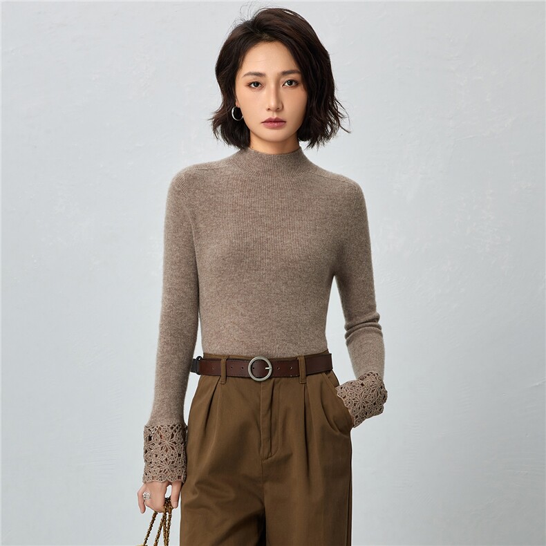 2025秋冬百搭时尚简约手工袖花针织衫,女装羊毛衫,邦太羊绒