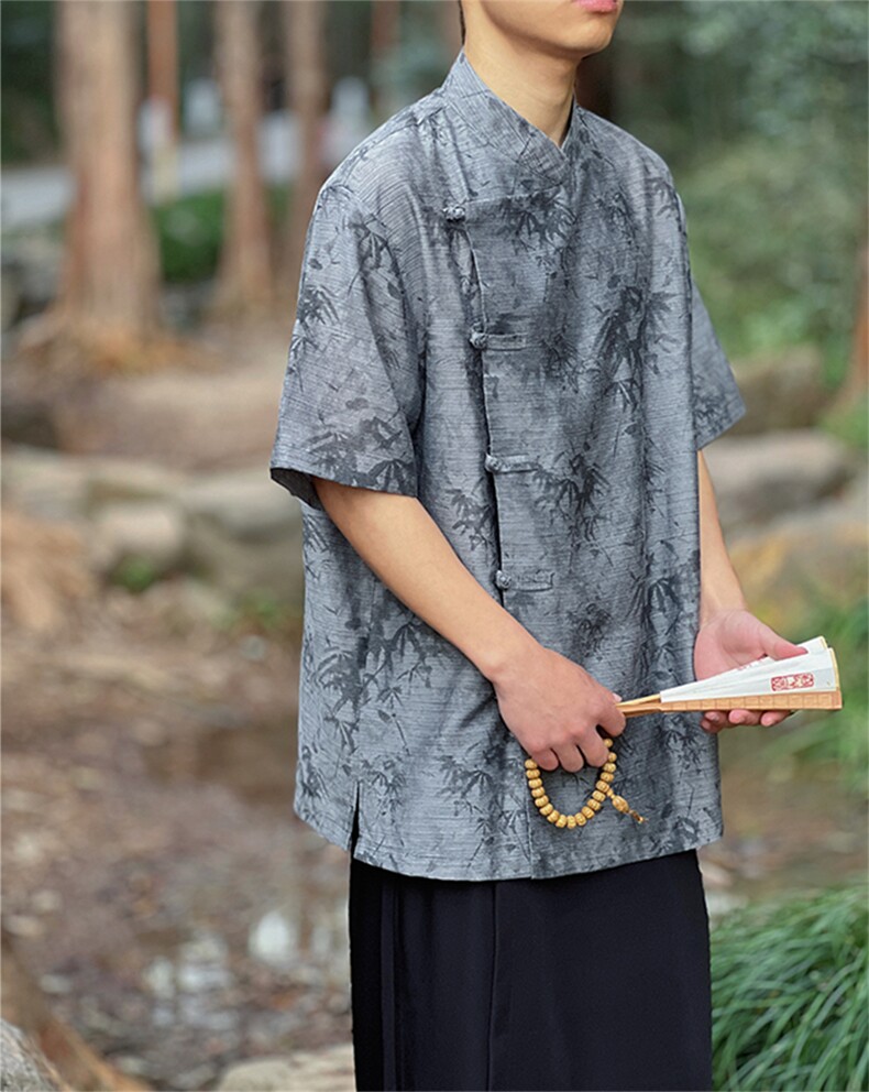 新中式男士现货棉麻立领透气短袖衬衫CS35-P65控89,男装T恤,电商A021