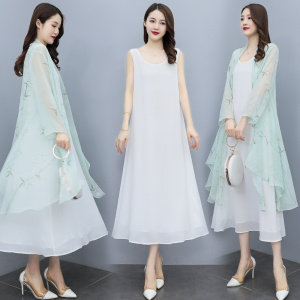 连衣裙披肩两件套春秋季新款印花无袖裙外搭披肩雪纺衫，女装套装/套裙，秀美人生
