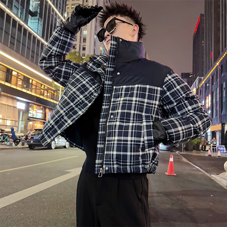 AY138/P128控168冬季社会小伙拼接撞色格子短款修身棉服男浅咖首,男装棉衣,星座305B-1