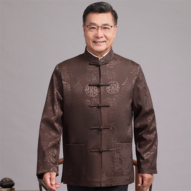 主推秋款中老年风唐装外套男中式复古盘扣汉服爷爷过生日外套,男装民族服装,钱塘723