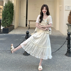 温柔穿搭绝美蕾丝刺绣上衣半身裙套装女夏清纯系超好看显瘦两件套，女装套装/套裙，2C201