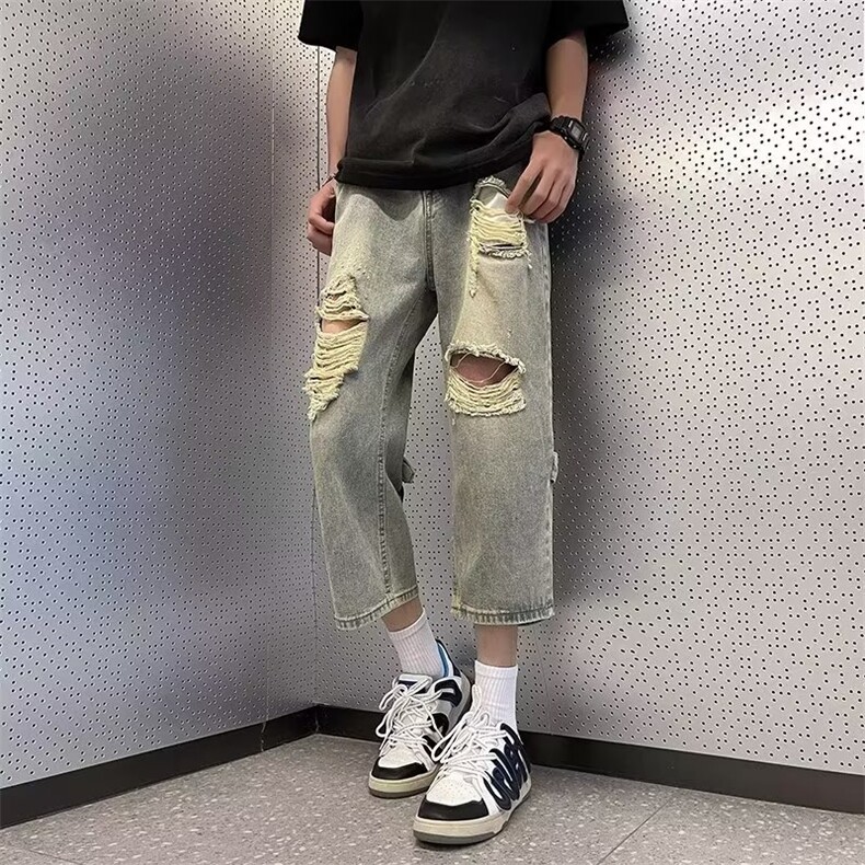 破洞牛仔裤男夏季美式高街vibe裤子潮牌嘻哈七分裤青少年休闲短裤,男装牛仔裤,星座410-6（原星座1304-1）