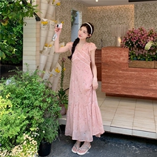 温柔风粉色碎花连衣裙女夏新款法式复古显瘦超仙绝美鱼尾拼接长裙，女装连衣裙，2C122