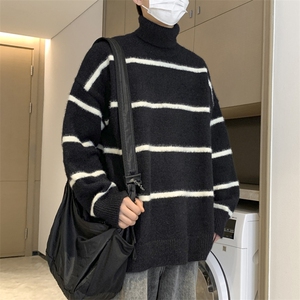 秋季新款港风条纹慵懒风套头高领保暖毛衣男 XZ608-TM281-P65控88图片