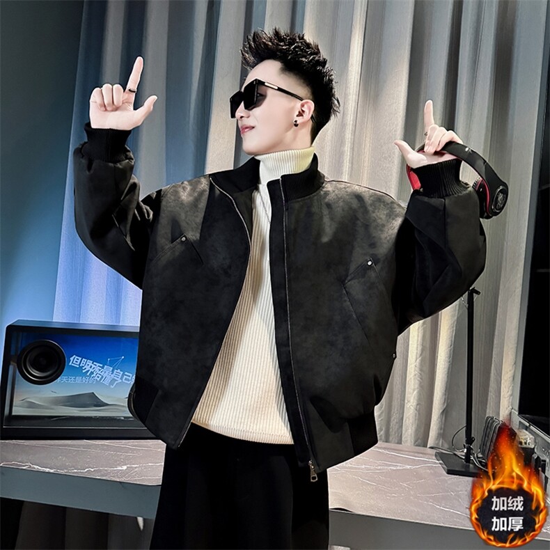 男士冬季短款加绒皮衣男立领宽松版型潮流外套RP8821-P138控178，男装皮衣，电商A368