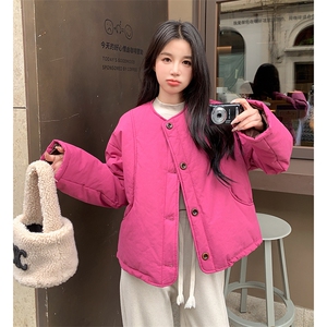 纯色圆领短款单排扣棉服外套2C215-P145-K205图片