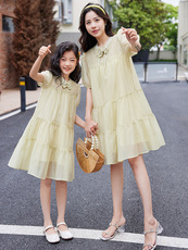 2023夏季纯色打揽松紧袖口复古风亲子连衣裙，女装连衣裙，安之芮娜