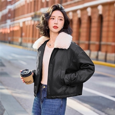 高级感皮面棉服女2025冬季新款保暖毛领羽绒棉PU皮衣短外套上衣，女装皮衣，潮流依族