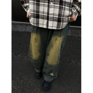 美式高街重工做旧水洗牛仔裤男解构拼接设计直筒阔腿裤JN010-P58图片