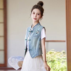 现货2024春季新款无袖百搭牛仔马甲新中式坎肩马甲外套女刺绣上衣图片