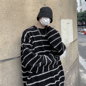 B213-P45 秋冬圆领宽松长袖毛衣美式复古百搭休闲条纹针织衫男图片