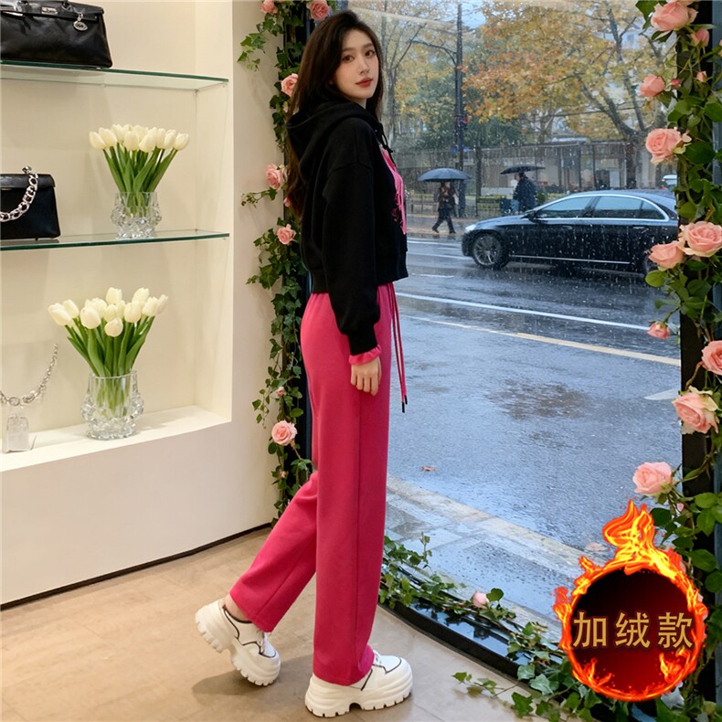 休闲运动套装女秋冬新款潮流时尚卡通刺绣连帽卫衣直筒长裤两件套,女装套装/套裙,江南
