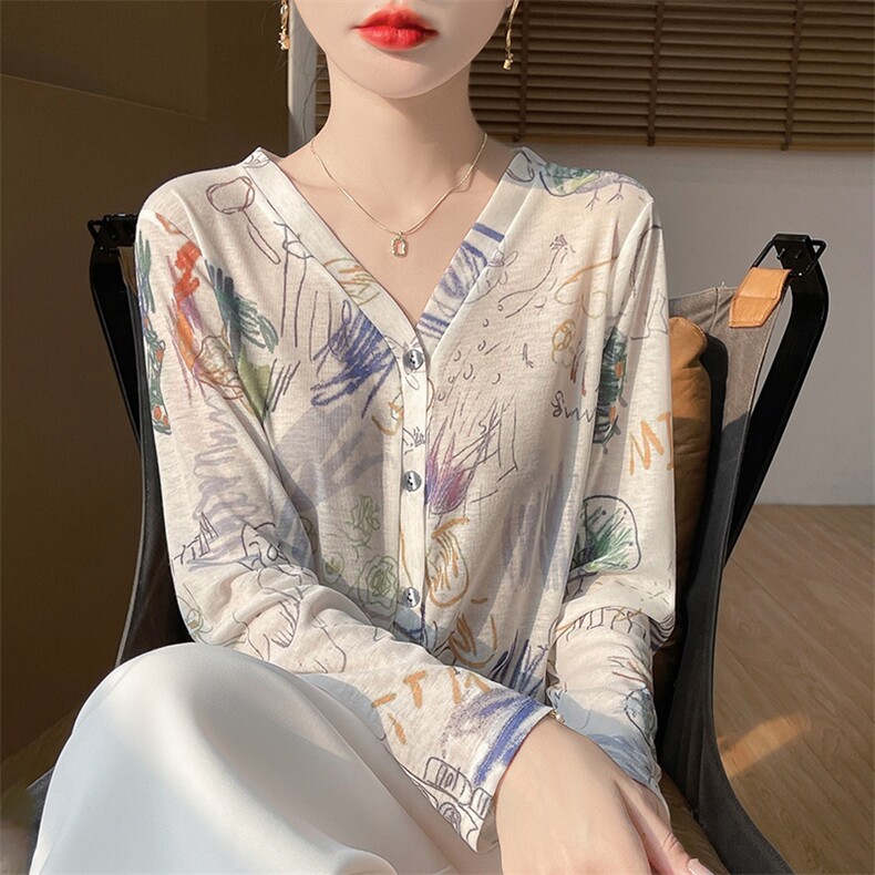 v领新款针织女长袖花色简约百搭宽松开衫上衣,针织衫/毛衣,绒宛羊绒