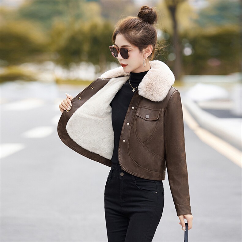 2023年冬季新款加绒保暖毛领可拆卸休闲皮毛一体短外套，女装短外套，臻衣坊