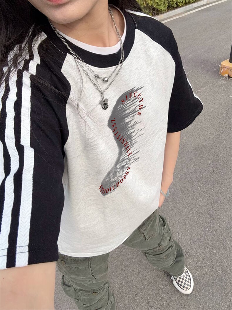 抖音得物品质二开240克宽松纯棉美式潮牌插肩三杠织带短袖T恤,男装T恤,电商A486