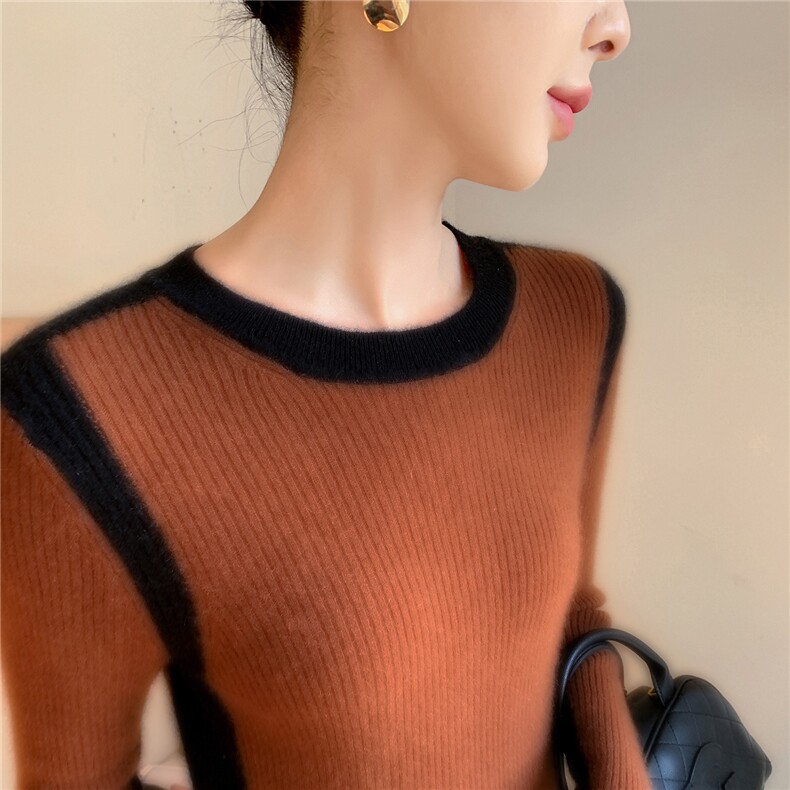 2025新款12针抽条条拼色圆领,女装羊绒衫,百越羊绒