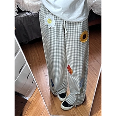 ！美式慵懒风格子花瓣刺绣百搭薄款休闲裤，男装休闲裤，星座617C