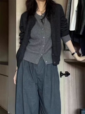 高级慵懒风澳洲美丽诺羊毛假两件开衫女圆领秋冬加厚毛衣外套，女装针织衫/毛衣，美轩羊绒