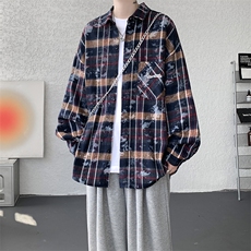衬衫男秋季新款港风宽松大码格子扎染刺绣长袖衬衣CS3016-P38，男装衬衫，星座214-3