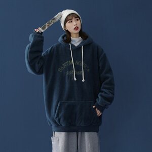703-W199主推秋冬情侣拉绒羊羔毛卫衣 绣花套头帽衫蓝底图片