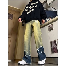 高街水波纹牛仔裤男女韩版潮流直筒2025冬季ins长裤RK2333-P50，男装牛仔裤，星座412-2
