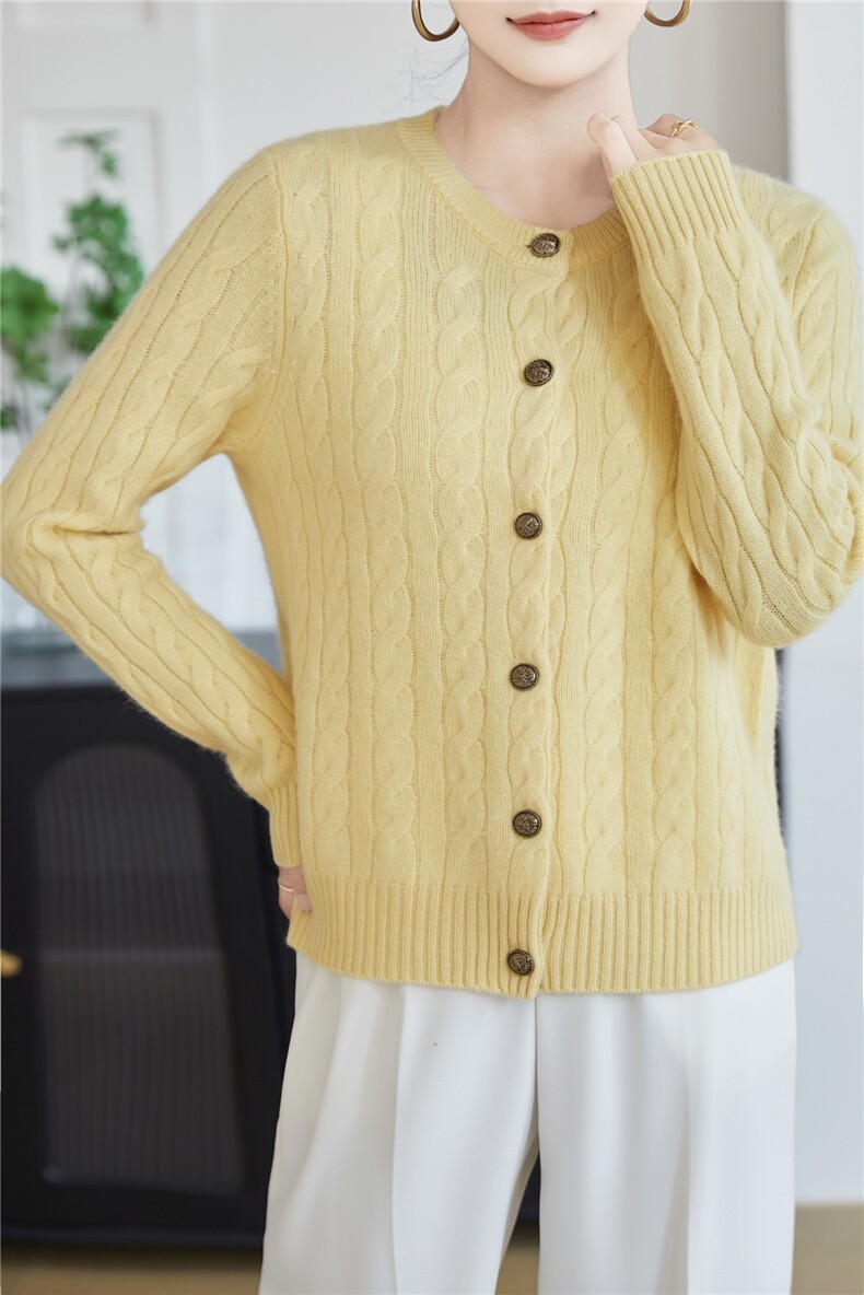 2025年秋季圆领扭花开衫女士，女装羊绒衫，米哆哆羊绒