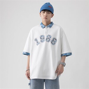 新款优品男士短袖刺绣贴标半开拉链印花T恤宽松上衣ZD3314-P54图片