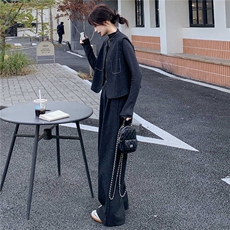 韩版时尚休闲套装修身显瘦马甲外套内搭深灰打底衫阔腿长裤三件套，女装套装/套裙，2C310